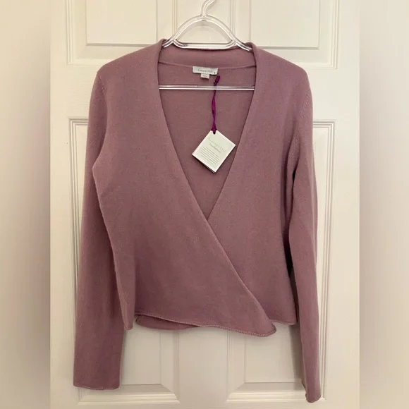 Garnet Hill Cashmere Mauve Lavender Tie Front Cardigan Sweater - Picture 2 of 11